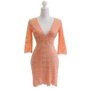 LUXXEL Sexy Peach Lace Bodycon Dress ✨ Deep V Date Night Stunner S